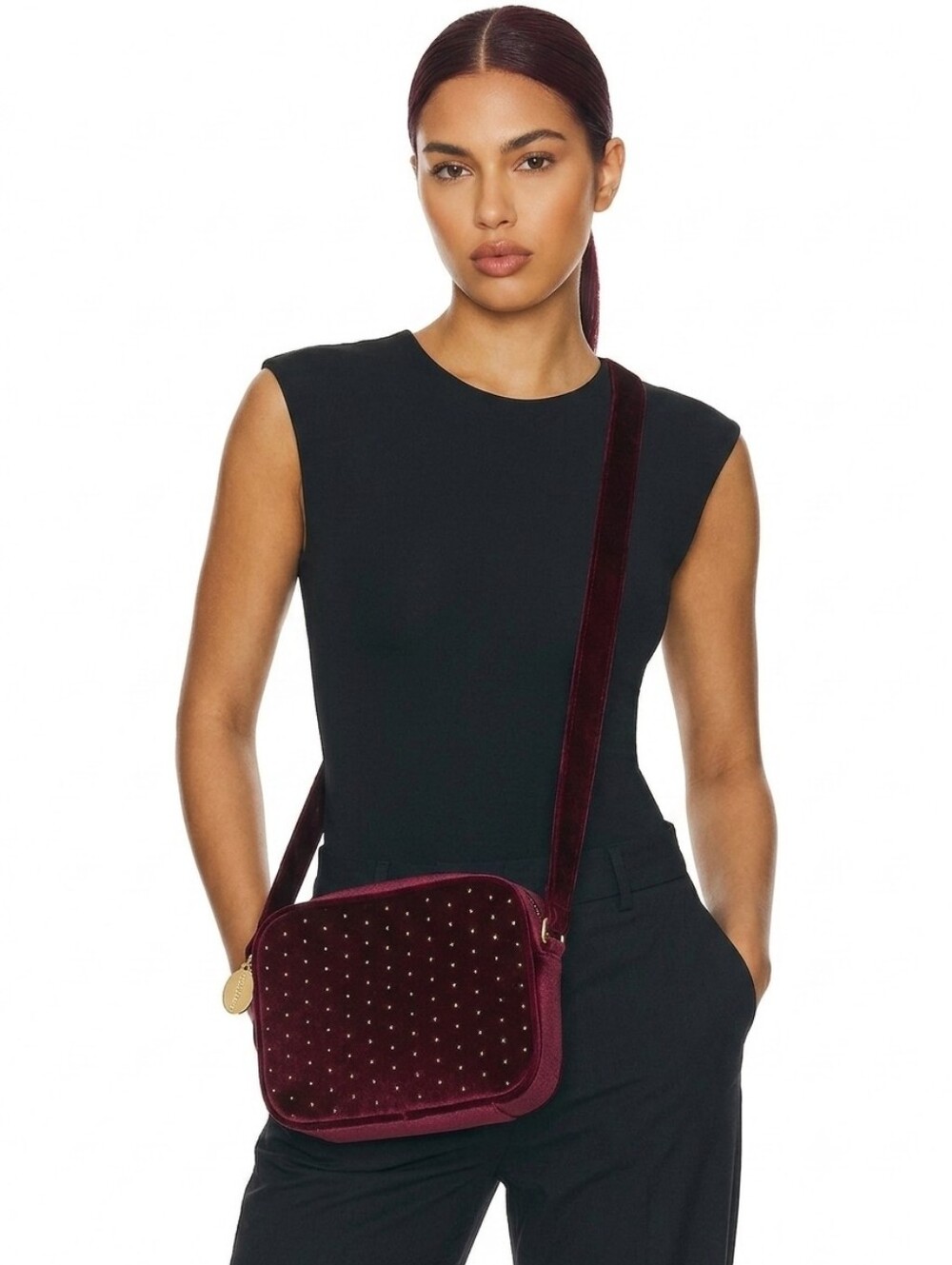 New Studio 33 Velvet Studded Crossbody Bag Burgundy Wine Gold Micro Studs